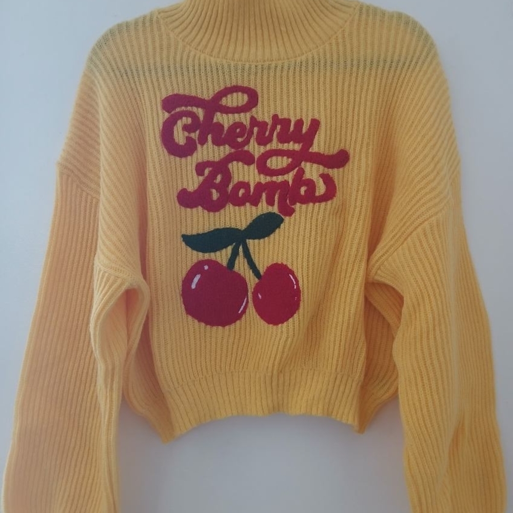 SHEIN Yellow Turtleneck Sweater with Cherry Design